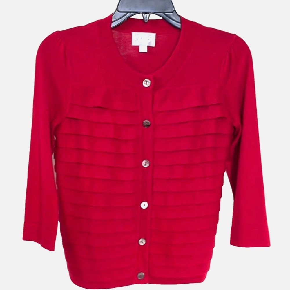 Pure Collection Red Silk Cashmere Cardigan XS Button Front 3/4 Sleeve Sweater